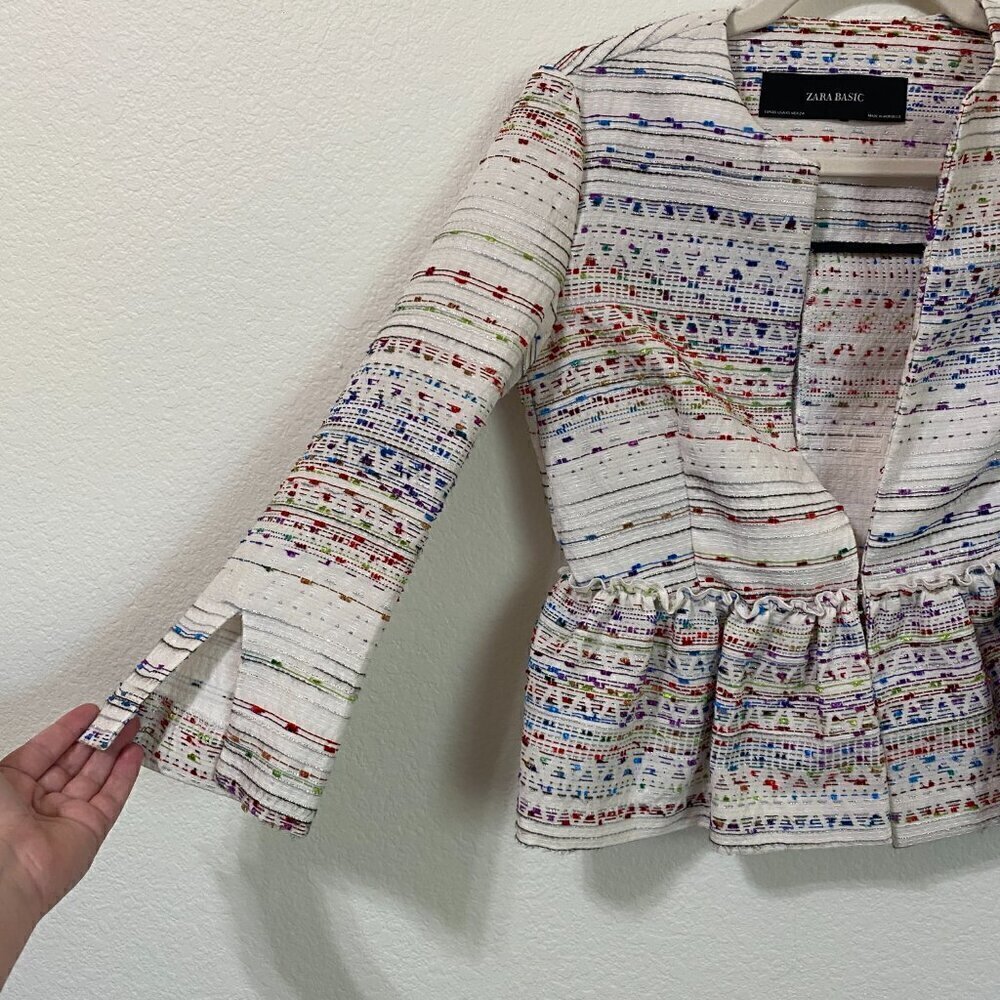 Zara Basic White Multi Metallic Peplum Blazer XS - image 4